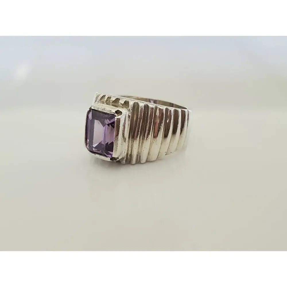 Ribbed Sterling Silver Amethyst Ring